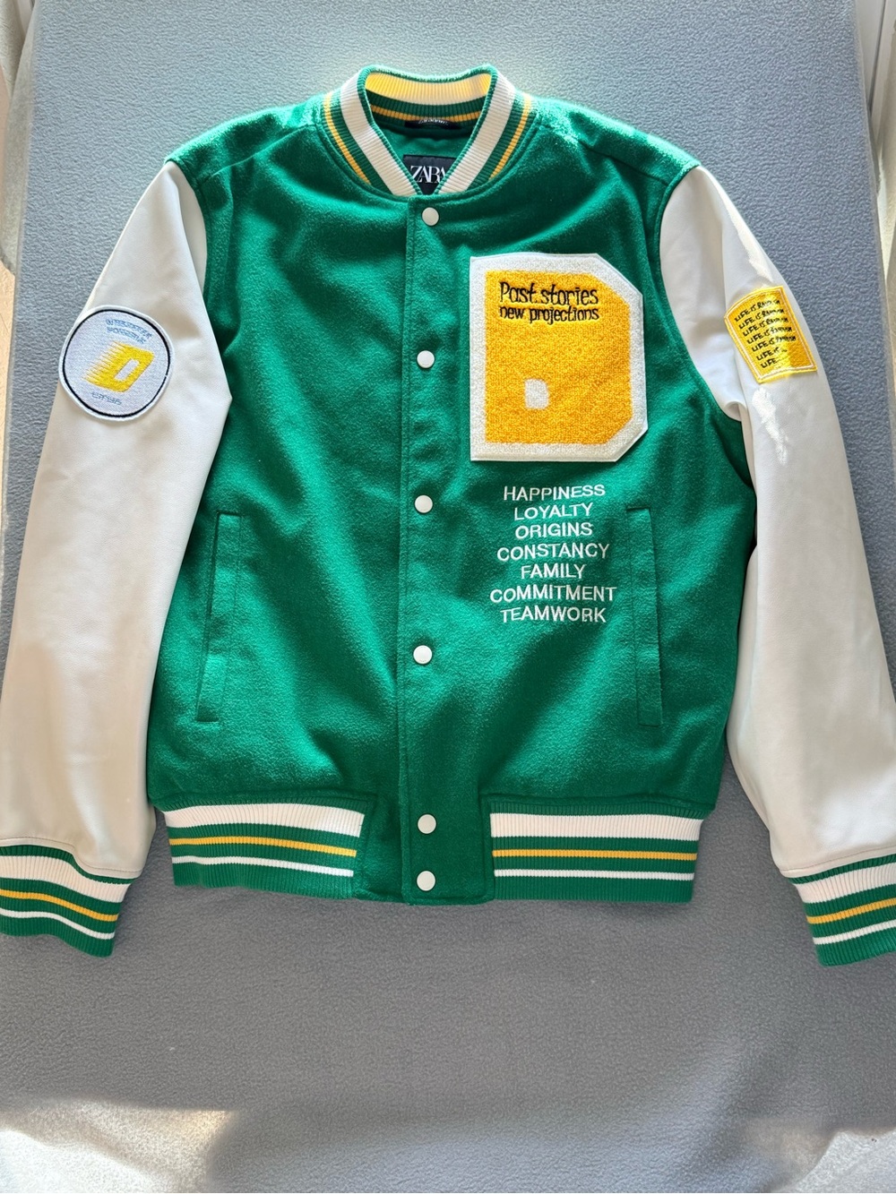 Zara Green and White Varsity Jacket with Yellow Patch